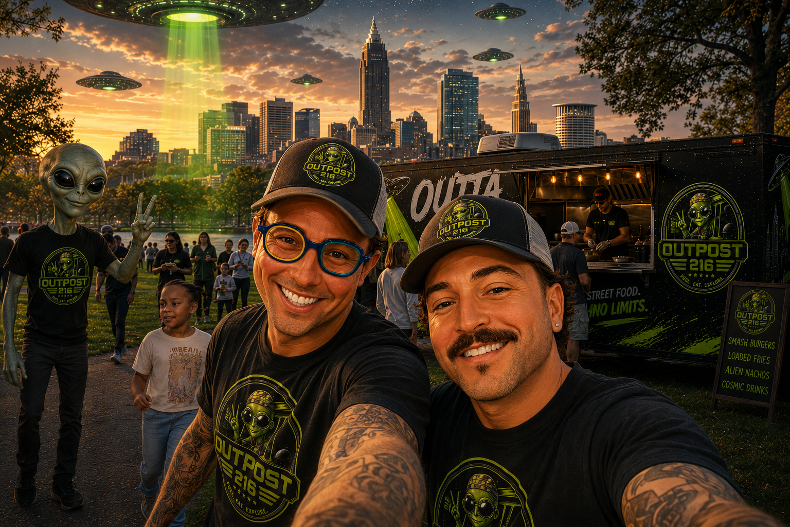 Anthony and Mike — the founders of OutPost 216 — in front of the truck with the Cleveland skyline behind them